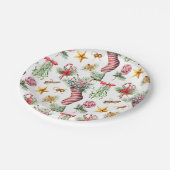 ヴィンテージレッド&グリーンクリスマスストッキングパターン ペーパープレート (アングル)