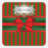 ヴィンテージレッド&グリーンストライプリボンクリスマス スクエアシール (正面)