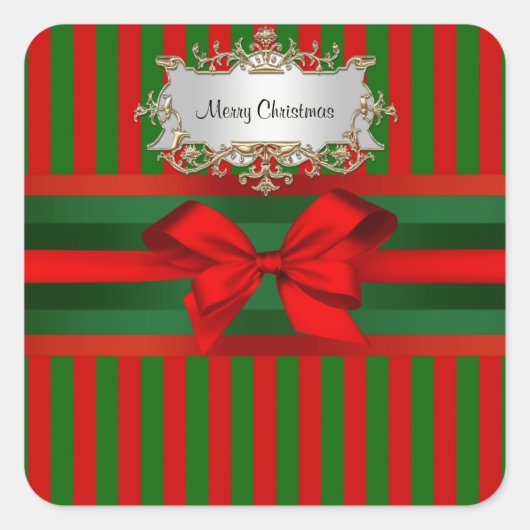 ヴィンテージレッド&グリーンストライプリボンクリスマス スクエアシール (正面)