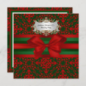 ヴィンテージレッド&グリーンダマスク#2リボンクリスマスパーティー 招待状 (正面/裏面)