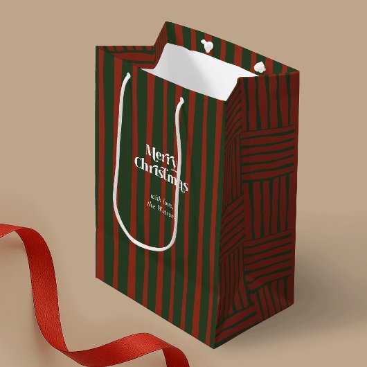 ヴィンテージレッド&グリーンプレイドストライプクリスマス ミディアムペーパーバッグ
