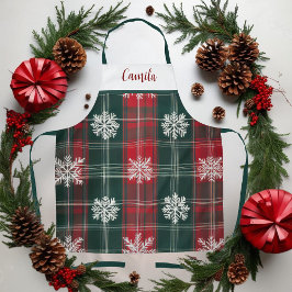 ヴィンテージレッド&グリーンプレイド雪パーソナライズされた片 エプロン