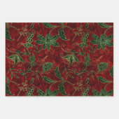ヴィンテージレッド、グリーン&金ゴールドホリデーベルベットクリスマス ラッピングペーパーシート (正面3)