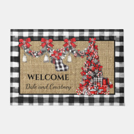ヴィンテージレッド&ブラッククリスマスバッファローチェックバーラップ ドアマット