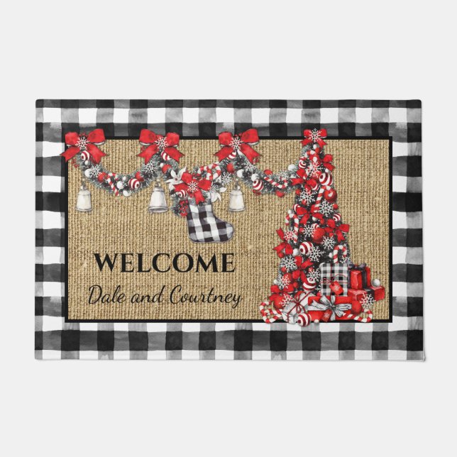 ヴィンテージレッド&ブラッククリスマスバッファローチェックバーラップ ドアマット (正面)