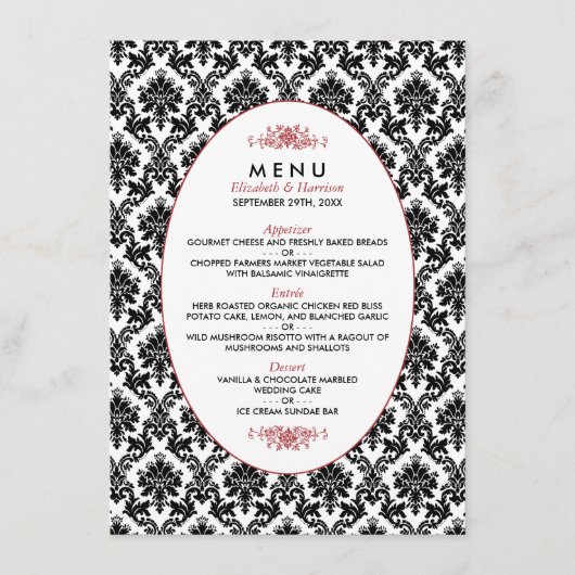 ヴィンテージレッド、ブラック&ホワイトのダマスクのウェディングメニュー メニュー (正面)