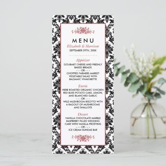 ヴィンテージレッド、ブラック&ホワイトのダマスクのウェディングメニュー メニュー (スタンド正面)