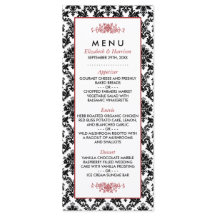 ヴィンテージレッド、ブラック&ホワイトのダマスクのウェディングメニュー
