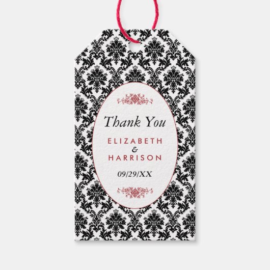 ヴィンテージレッド、ブラック&ホワイトのダマスクの結婚式の好意 ギフトタグ (正面)