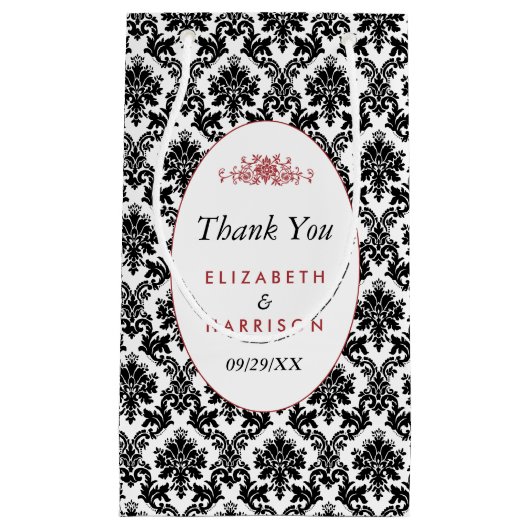 ヴィンテージレッド、ブラック&ホワイトのダマスクの結婚式の好意 スモールペーパーバッグ (正面)