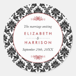 ヴィンテージレッド、ブラック&ホワイトのダマスクの結婚式の好意 ラウンドシール