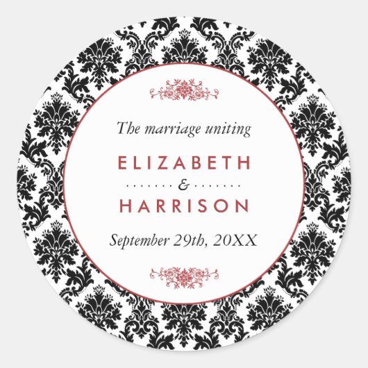 ヴィンテージレッド、ブラック&ホワイトのダマスクの結婚式の好意 ラウンドシール (正面)