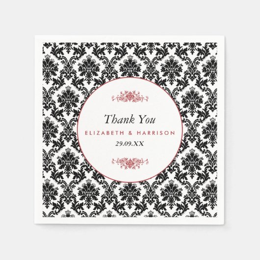 ヴィンテージレッド、ブラック&ホワイトのダマスクの結婚式 スタンダードカクテルナプキン (正面)