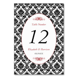 ヴィンテージレッド、ブラック&ホワイトのダマスクの結婚式 テーブルナンバー