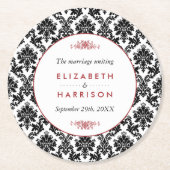ヴィンテージレッド、ブラック&ホワイトのダマスクの結婚式 ラウンドペーパーコースター (正面)