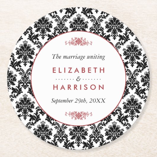 ヴィンテージレッド、ブラック&ホワイトのダマスクの結婚式 ラウンドペーパーコースター (正面)