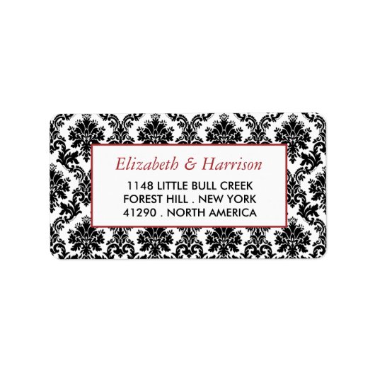 ヴィンテージレッド、ブラック&ホワイトのダマスクの結婚式 ラベル (正面)