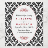 ヴィンテージレッド、ブラック&ホワイトのダマスクの結婚式 ワインラベル (シングルラベル)