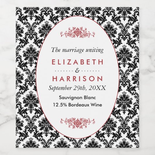 ヴィンテージレッド、ブラック&ホワイトのダマスクの結婚式 ワインラベル (シングルラベル)