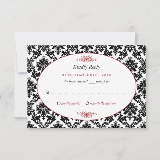 ヴィンテージレッド、ブラック&ホワイトのダマスクの結婚式 出欠カード (正面)