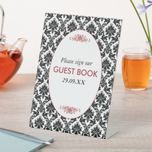 ヴィンテージレッド、ブラック&ホワイトのダマスクの結婚式 台座サイン (インサイチュ)