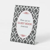 ヴィンテージレッド、ブラック&ホワイトのダマスクの結婚式 台座サイン (正面)