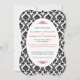 ヴィンテージレッド、ブラック&ホワイトのダマスクの結婚式 招待状