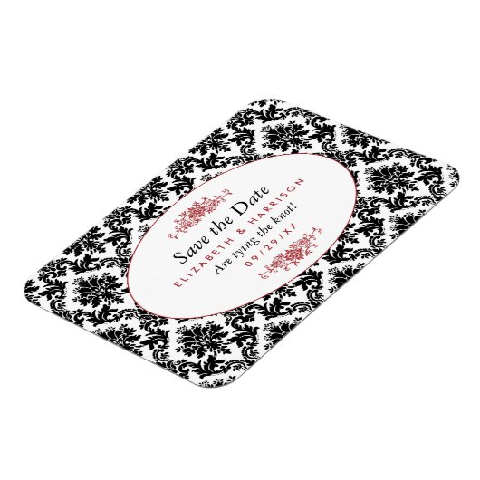 ヴィンテージレッド、ブラック&ホワイトのダマスク日付を保存 マグネット (左側)