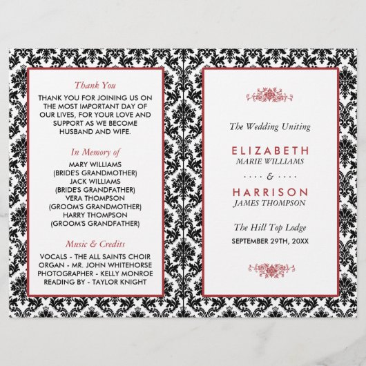 ヴィンテージレッド、ブラック&ホワイトのダマスク結婚式プログラム (正面)