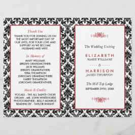 ヴィンテージレッド、ブラック&ホワイトのダマスク結婚式プログラム