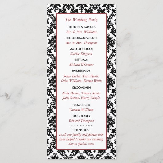 ヴィンテージレッド、ブラック&ホワイトのダマスク結婚式プログラム プログラム (裏面)