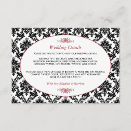 ヴィンテージレッド、ブラック&ホワイトダマスクウェディング詳細 エンクロージャーカード