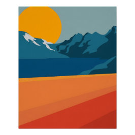 ヴィンテージレッド&ブルーマウンテンアート – レトロ風景 ポスター