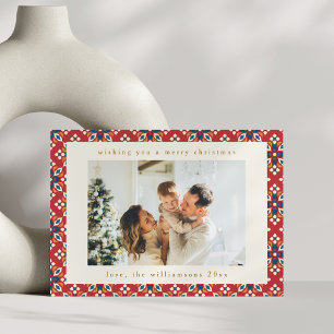 ヴィンテージレッド・ブルー幾何学写真2枚クリスマス シーズンカード