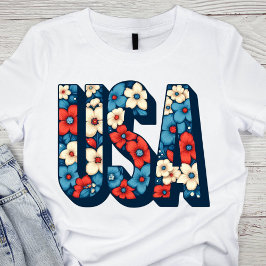 ヴィンテージレッド、ホワイト、ブルーフローラUSA Tシャツ