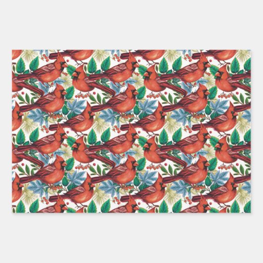 ヴィンテージレッド（鳥）ショウジョウコウカンチョウバーズクリスマスホリデー ラッピングペーパーシート (正面)