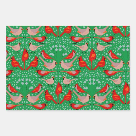 ヴィンテージレッド(鳥)ショウジョウコウカンチョウバードシームレスクリスマスプレゼント ラッピングペーパーシート (正面3)