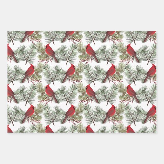 ヴィンテージレッド(鳥)ショウジョウコウカンチョウバードシームレスクリスマスプレゼント ラッピングペーパーシート (正面)