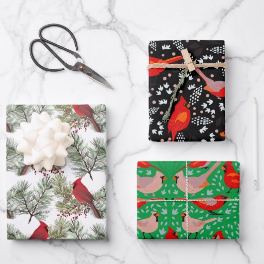 ヴィンテージレッド(鳥)ショウジョウコウカンチョウバードシームレスクリスマスプレゼント ラッピングペーパーシート (正面)