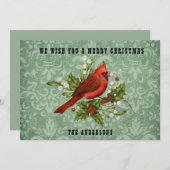 ヴィンテージレッド（鳥）ショウジョウコウカンチョウバードメリークリスマス シーズンカード (正面/裏面)