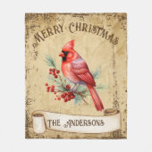 ヴィンテージレッド（鳥）ショウジョウコウカンチョウメリークリスマス フリースブランケット (正面)