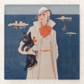 ヴィンテージレディかわいらしー保持スコティ犬バイ海 ガラスコースター (正面)