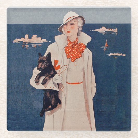 ヴィンテージレディかわいらしー保持スコティ犬バイ海 ガラスコースター (正面)
