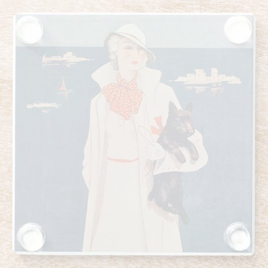 ヴィンテージレディかわいらしー保持スコティ犬バイ海 ガラスコースター (裏面)