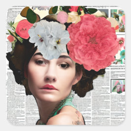 ヴィンテージレディかわいらし紙コラージュアート スクエアシール