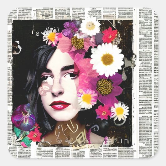 ヴィンテージレディかわいらし紙コラージュ新聞 スクエアシール (正面)