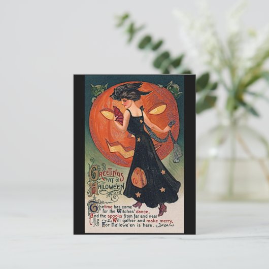 ヴィンテージレディとジャックオランタンムーンハロウィーン ポストカード (スタンド正面)