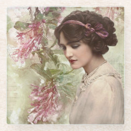 ヴィンテージレディエレガントピンクフローラ ガラスコースター