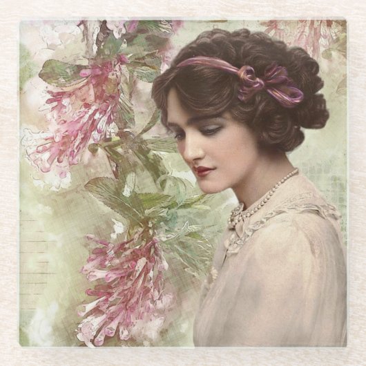 ヴィンテージレディエレガントピンクフローラ ガラスコースター (正面)