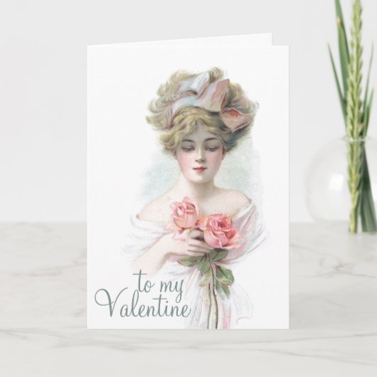 ヴィンテージレディピンクローズバレンタインポエムホリデーカー シーズンカード (正面)